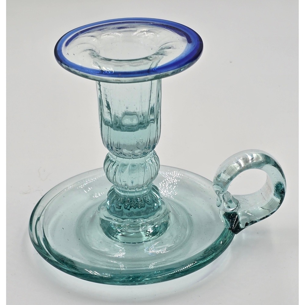 Vintage Rare Vetreria Etrusca Green Glass Chamberstick Taper Holder Blue Rim